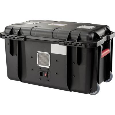 Valise de transport noire, robuste, dotée de poignées et de roues, équipée de fentes de ventilation et de commandes sur la face avant. Adaptée à la protection et au transport d'équipements sensibles.