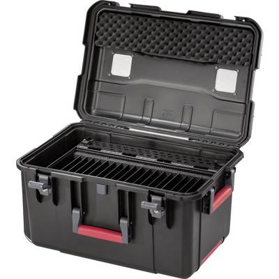 'Boîte à outils noire ouverte avec plusieurs compartiments, idéale pour le rangement organisé des outils et accessoires.'