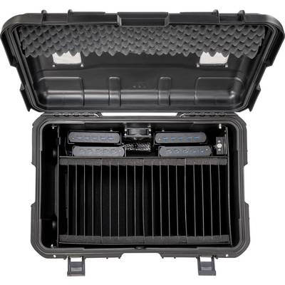 Valise de transport ouverte et robuste, dotée de plusieurs ports USB et compartiments intérieurs pour le rangement et le transport sécurisé d'appareils électroniques.