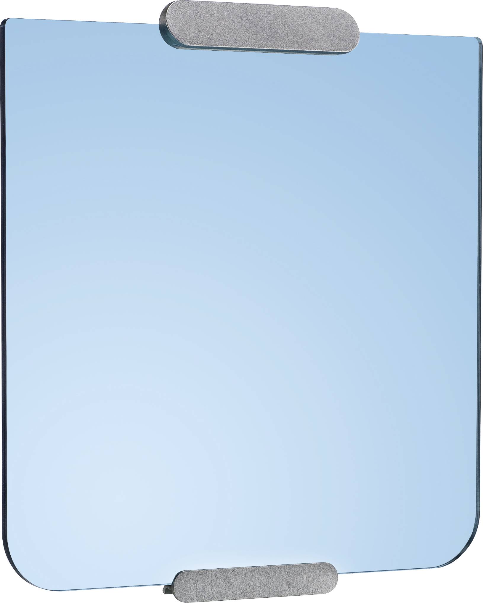 Un miroir carré aux coins arrondis, fixé au mur avec des supports gris en haut et en bas.