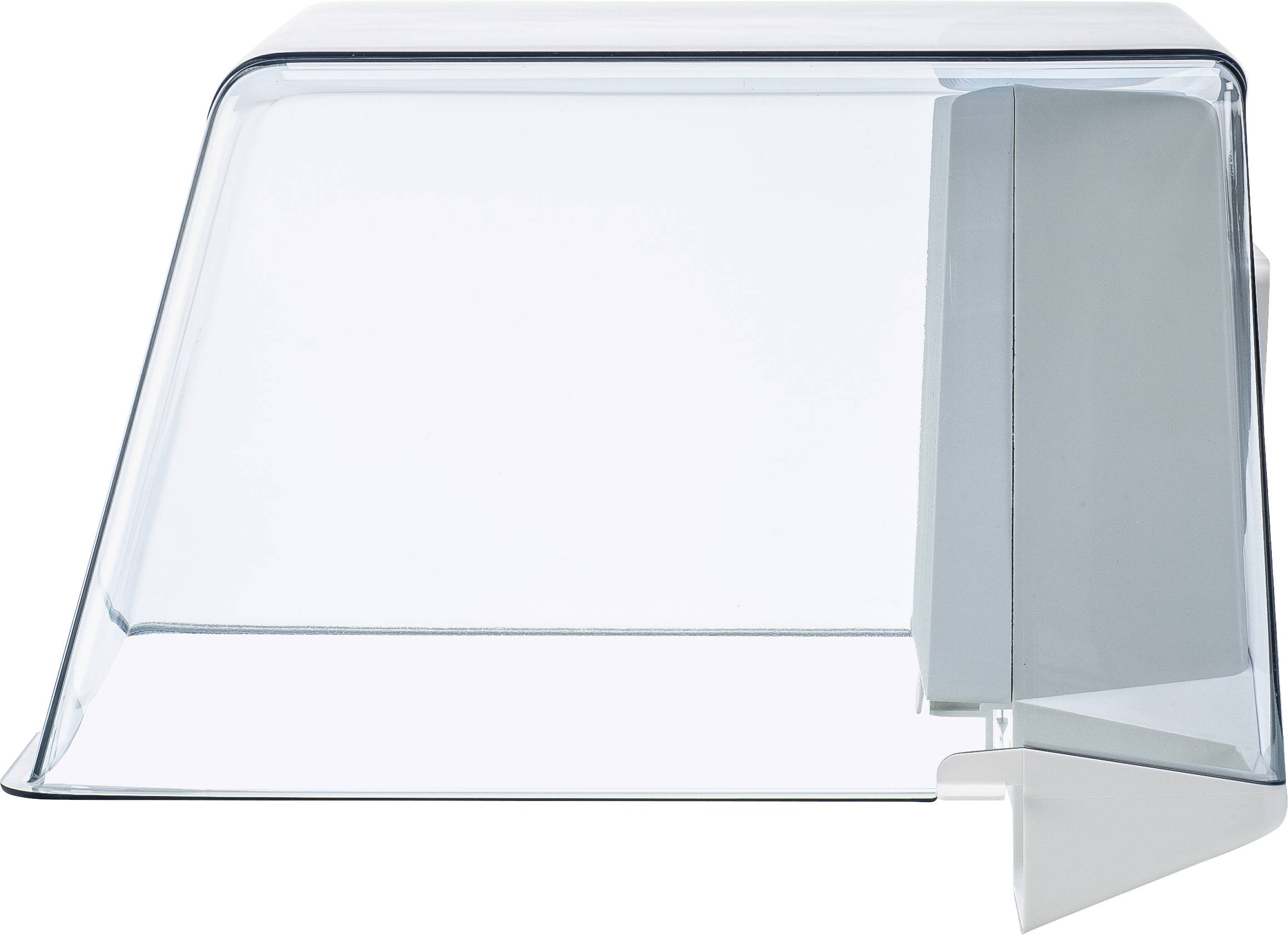 Une couverture en plastique transparent de forme carrée. Elle est translucide et possède un côté biseauté. Adaptée pour couvrir des aliments.