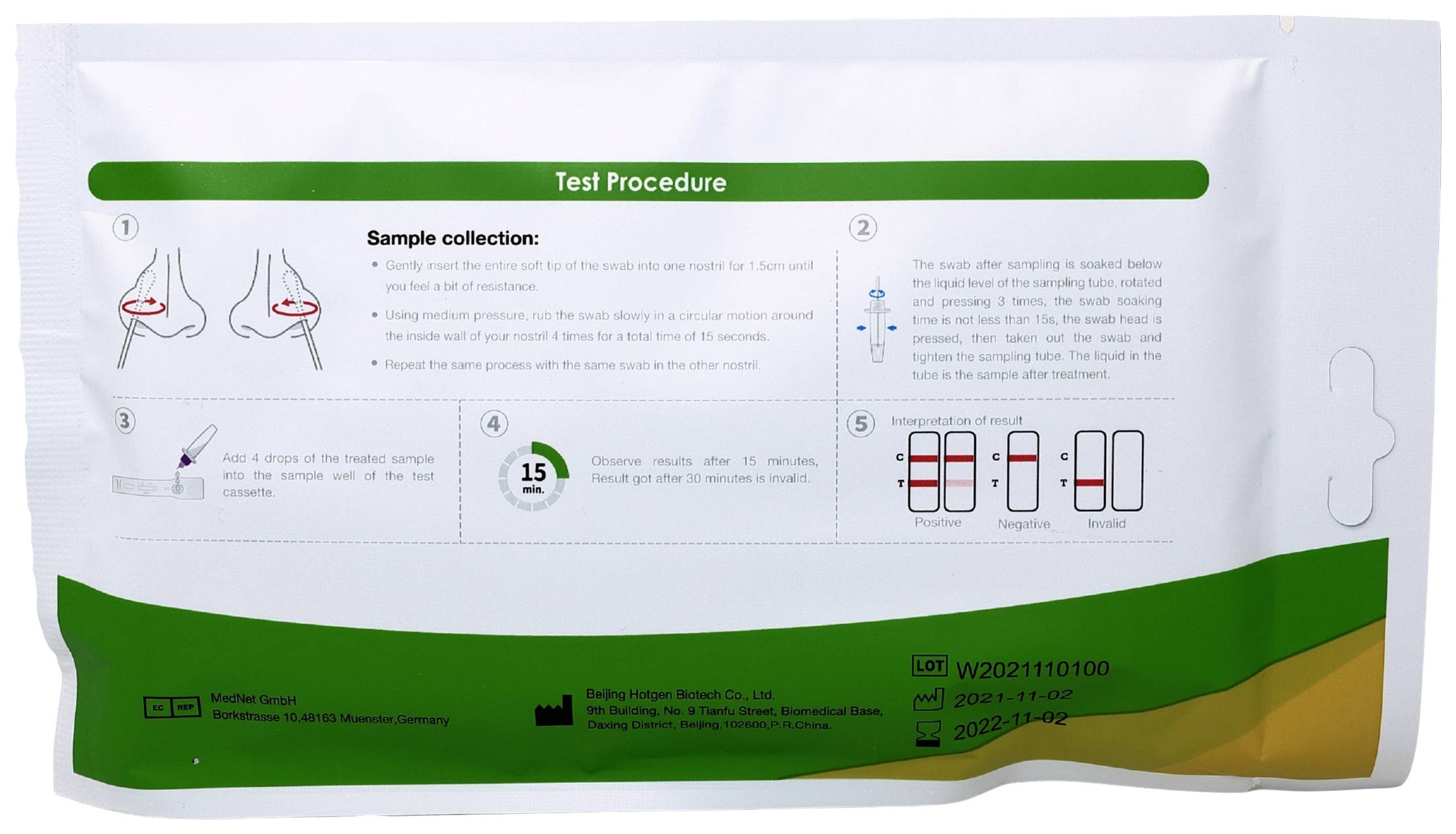 'Mode d'emploi du test : 1. Prélèvement nasal. 2. Réalisation du test et temps d'attente. Résultats positifs, négatifs et invalides présentés.'
