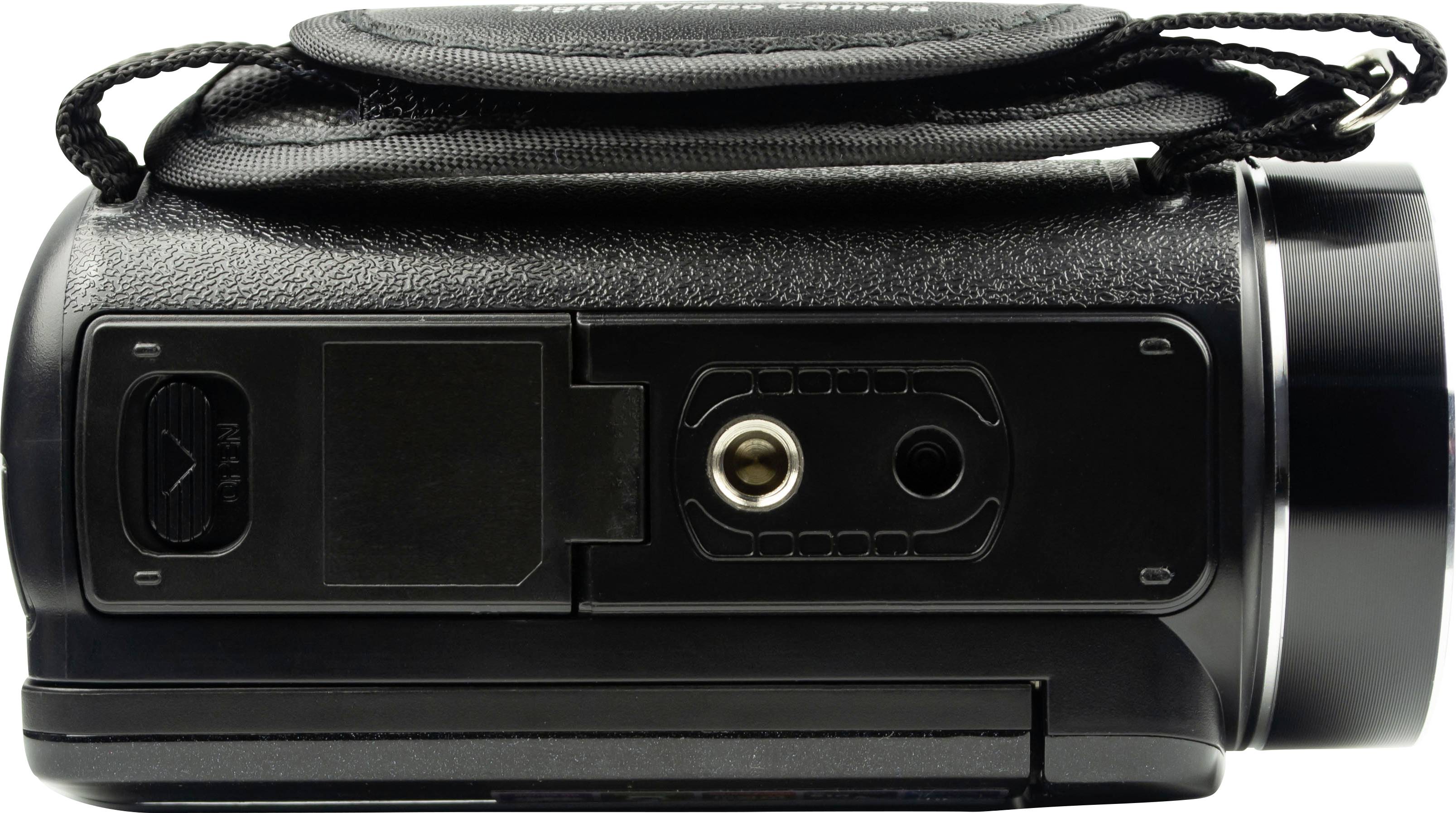 Appareil photo numérique vu de côté avec le couvercle des ports ouvert, montrant divers ports et un étui noir fixé sur le dessus.