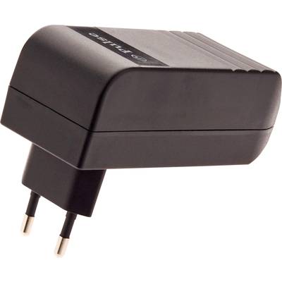 Un bloc d'alimentation noir avec une fiche européenne à deux broches, utilisé pour charger des appareils électroniques.