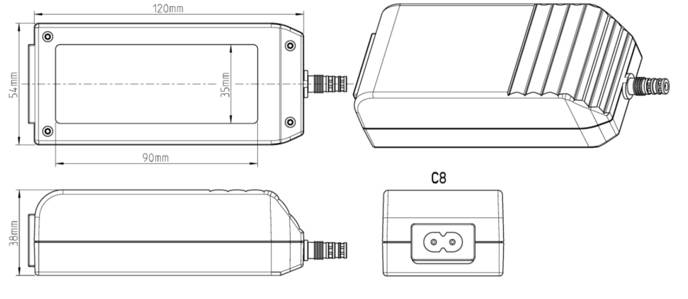 Dessin technique d'un dispositif rectangulaire avec dimensions et un connecteur femelle C8. Vue de dessus, de côté et de face.