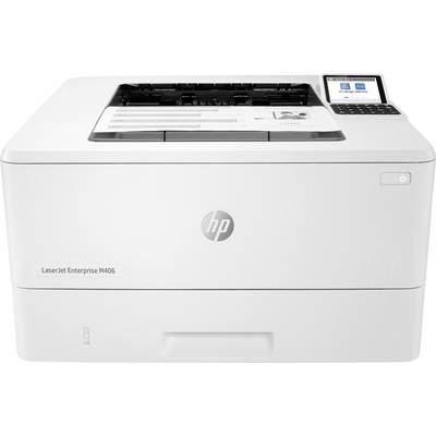 Un imprimante laser blanche de marque HP avec un petit écran et un panneau de commande en haut à droite. Spécification du modèle : LaserJet Enterprise M406.