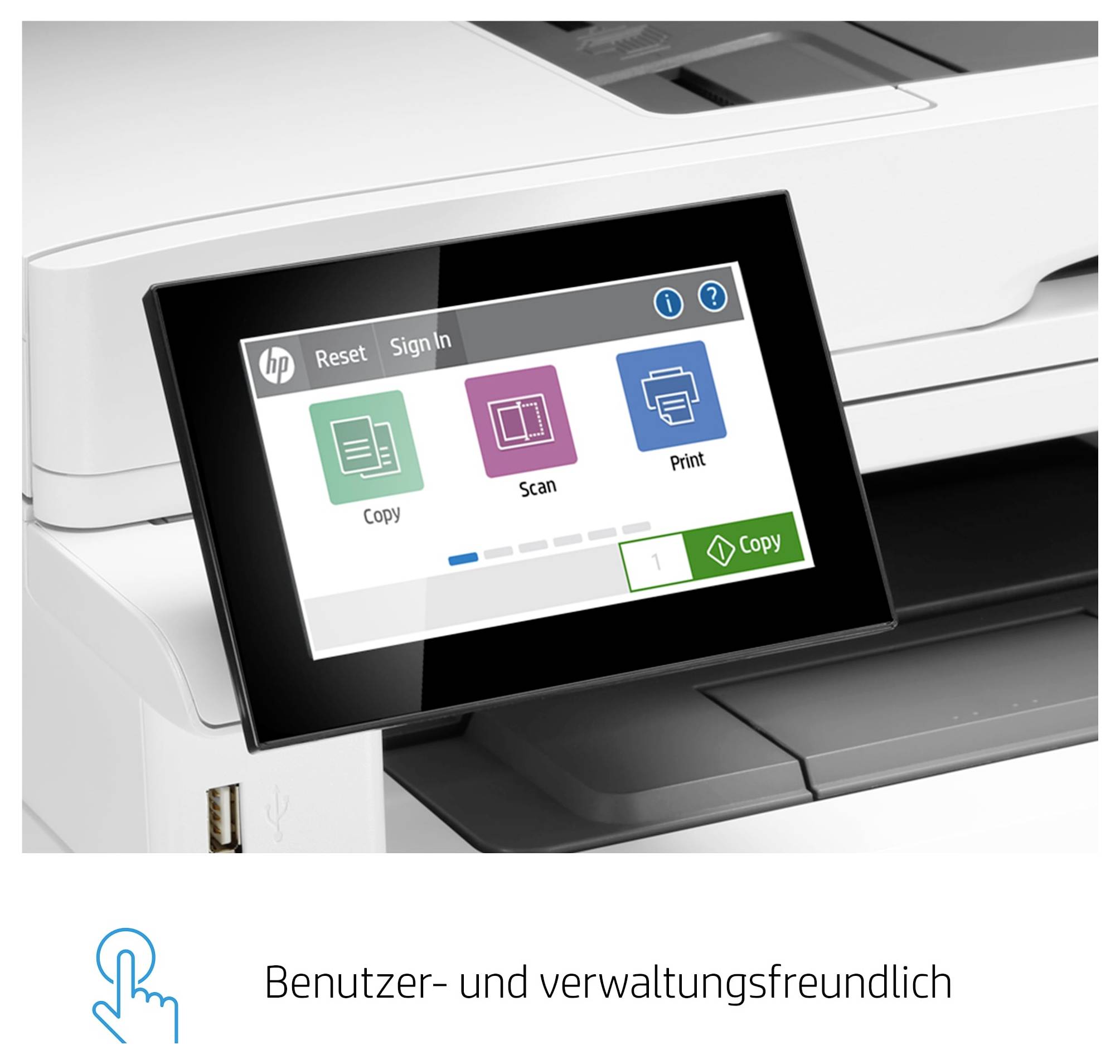Écran tactile d'imprimante HP affichant les options Copier, Numériser et Imprimer, avec « Convivial pour les utilisateurs et les administrateurs » ci-dessous.