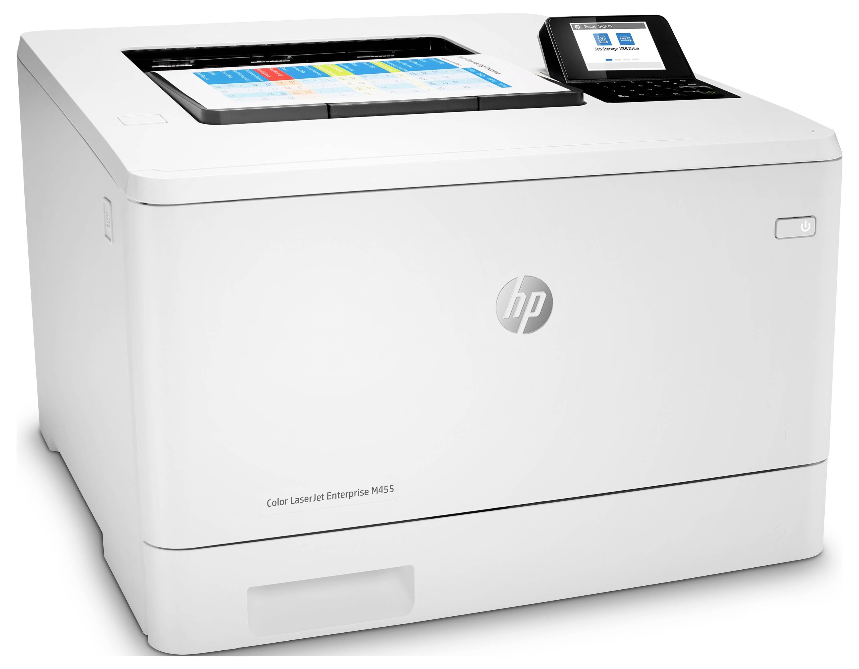 Imprimante HP Color LaserJet Enterprise M455 blanche avec écran tactile, présentée sur un fond blanc.