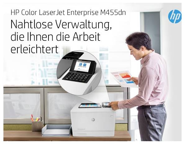 Image promotionnelle d'une imprimante HP Color LaserJet Enterprise M455dn avec le texte français « Gestion transparente qui vous facilite le travail » et un homme examinant des graphiques imprimés.