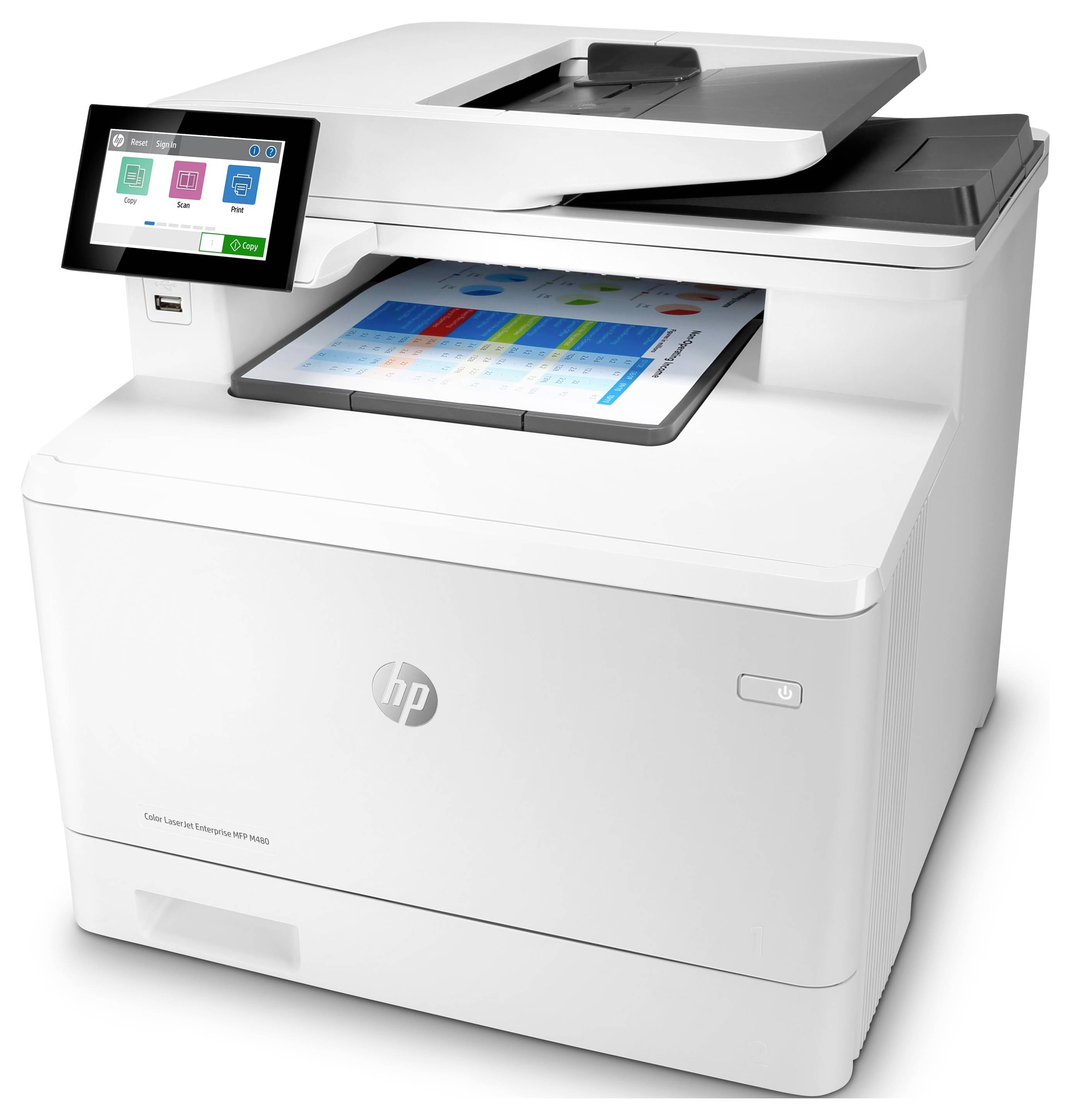 Imprimante tout-en-un HP blanche avec panneau de commande tactile, affichant un document en couleur sur le plateau du scanner et le bac de sortie.