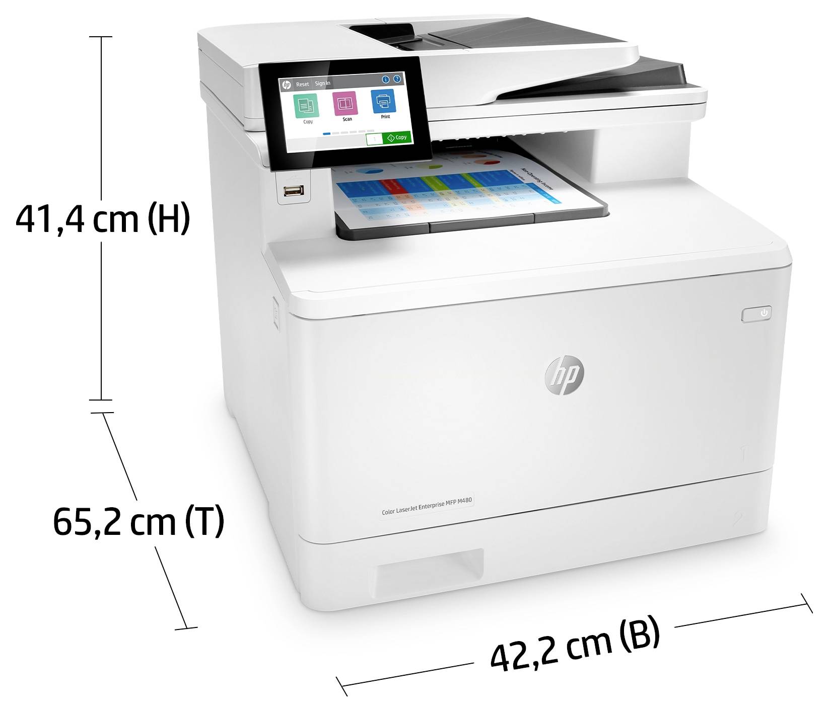 Imprimante multifonction HP affichée avec des dimensions étiquetées : 41,4 cm de hauteur, 65,2 cm de profondeur et 42,2 cm de largeur.