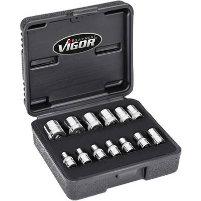 Une valise à outils ouverte contenant différentes clés à douille sur un fond en mousse ; le logo de la marque 'Vigor' est visible à l'intérieur du couvercle.