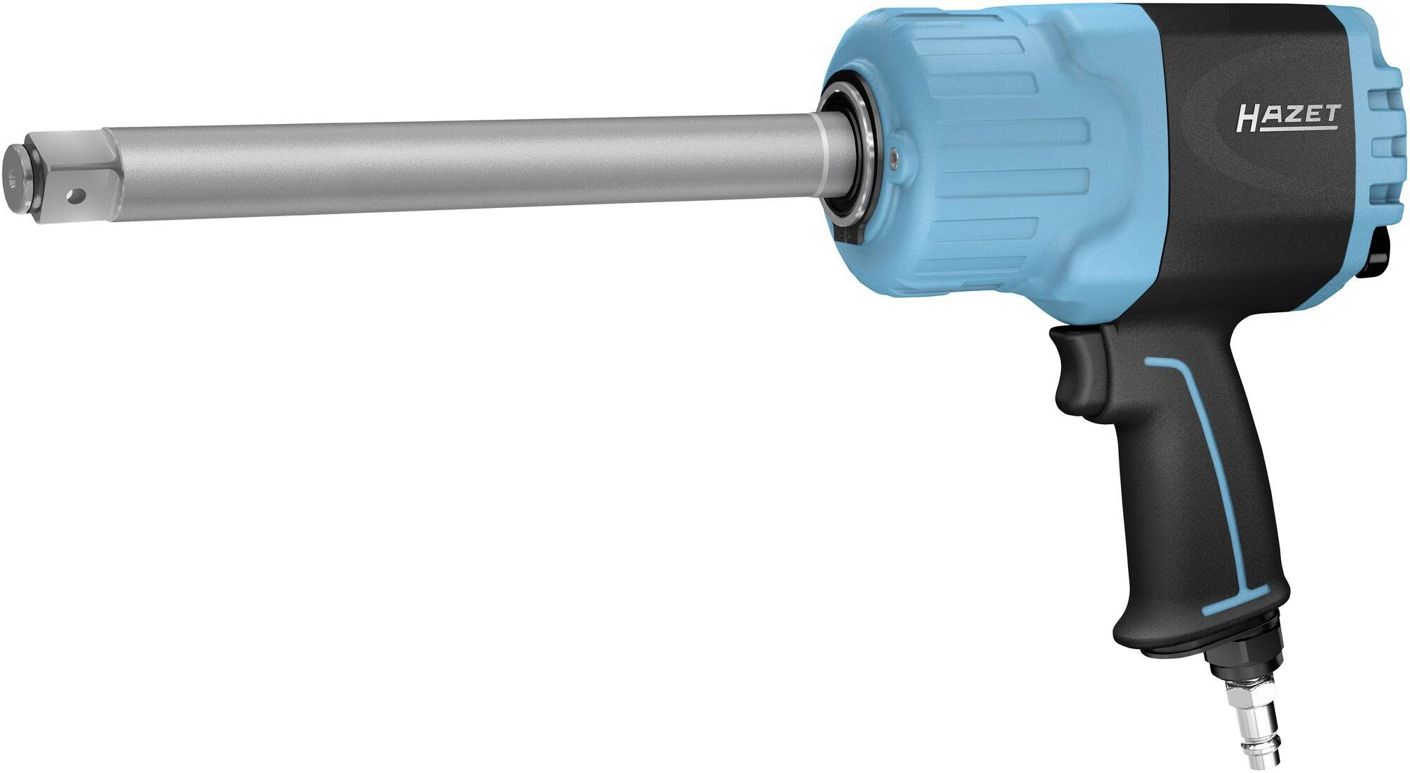 Un visseuse à choc pneumatique avec un boîtier bleu et noir, une longue embout métallique et la marque 'Hazet'.