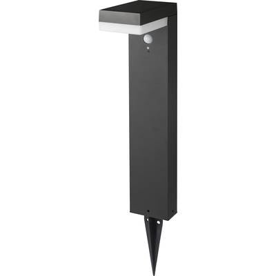 Un luminaire de jardin moderne avec un boîtier rectangulaire noir et une tige de terre. Un abat-jour carré est situé en haut.