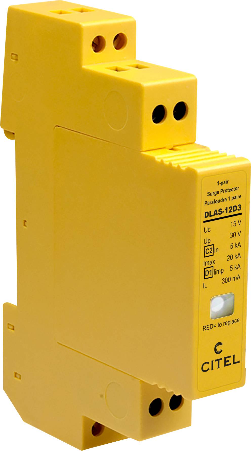 Un protecteur contre les surtensions jaune de CITEL, modèle 'DLAS-12D3', adapté pour des tensions jusqu'à 30 V et un courant jusqu'à 5 A.
