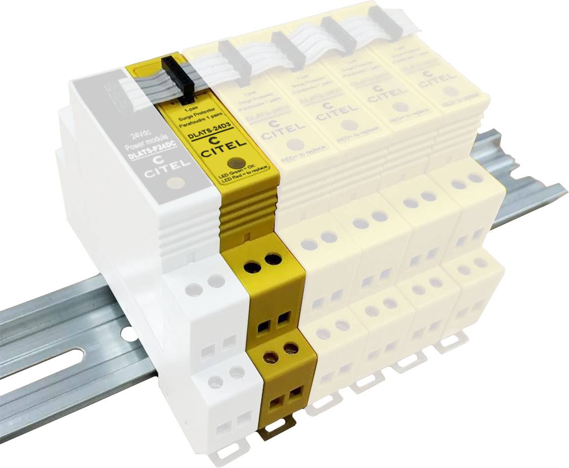 Dispositif de protection contre la foudre monté sur rail, module jaune central de CITEL portant l'inscription 'Appareil de dilatation', entouré de modules blancs.
