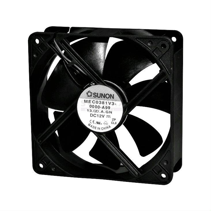 Un ventilateur axial noir avec une étiquette au centre. Le modèle est 'SUNON ME 0381V3 DC12V'. Conçu pour une rotation à droite ou à gauche.