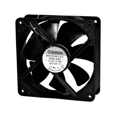 Un ventilateur axial noir avec une étiquette au centre. Le modèle est 'SUNON ME 0381V3 DC12V'. Conçu pour une rotation à droite ou à gauche.