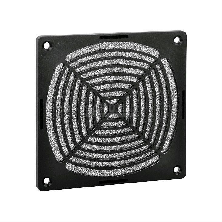 Grille de ventilation carrée noire avec des rainures circulaires et quatre trous de fixation aux angles.