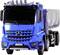Un camion bleu de la marque Mercedes-Benz, modèle Arocs, avec benne basculante, est visible de face sur un fond blanc.