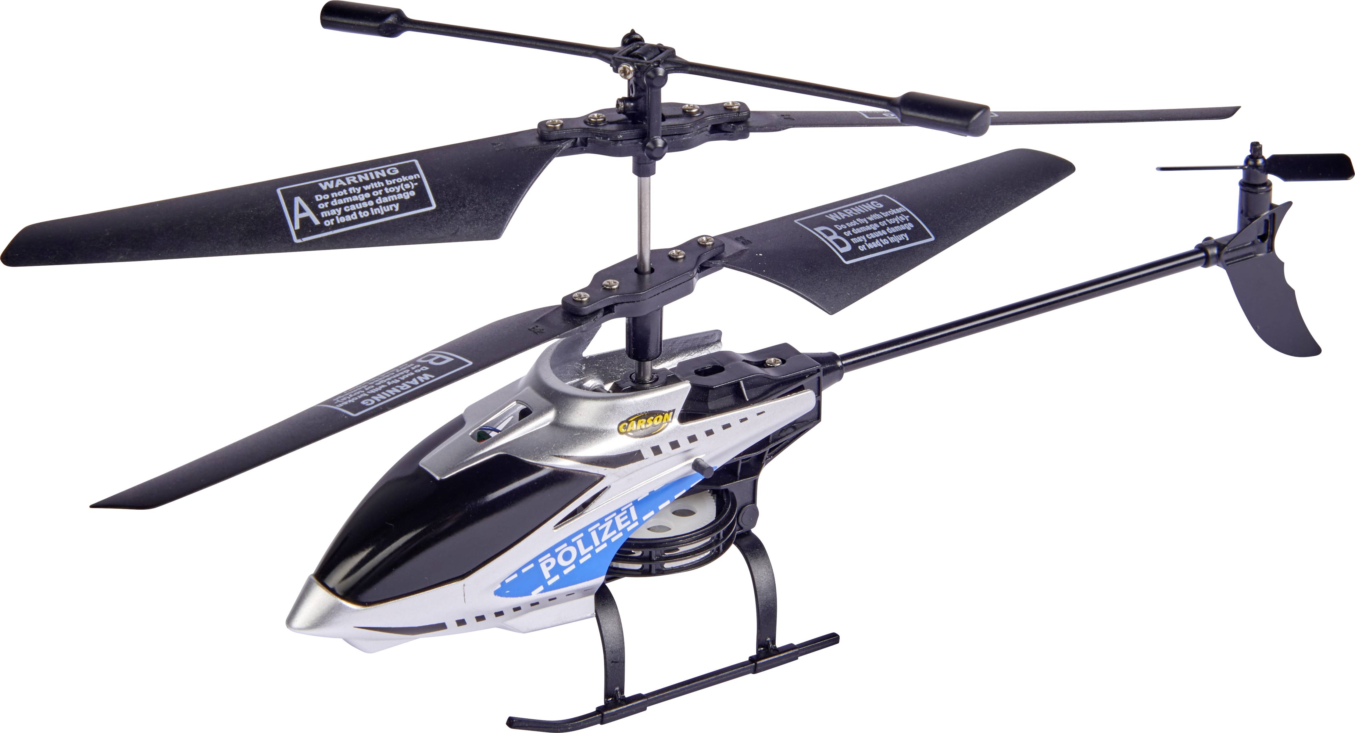 Hélicoptère jouet au design noir et argenté, avec trois pales de rotor et des détails bleus.