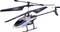 Hélicoptère jouet au design noir et argenté, avec trois pales de rotor et des détails bleus.