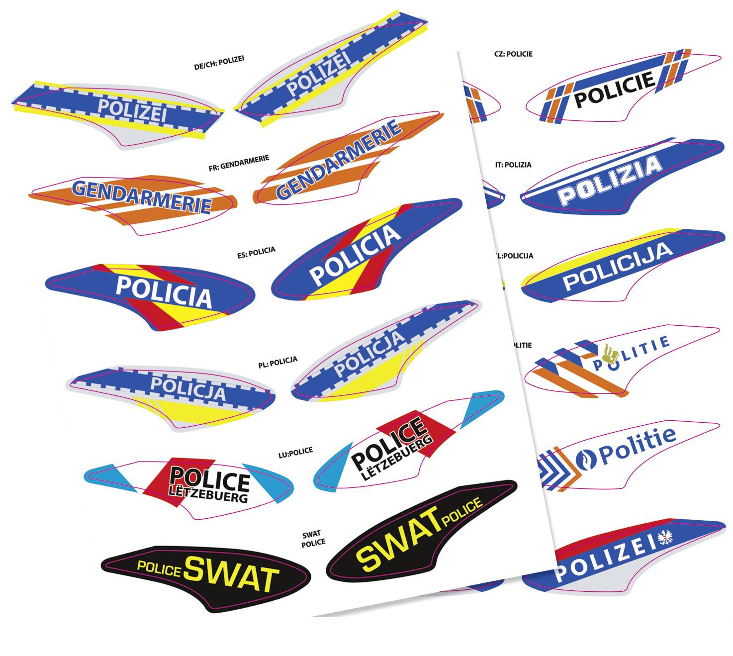 Le graphique présente des badges d'unités de police provenant de différents pays européens, avec des designs et des couleurs variés.