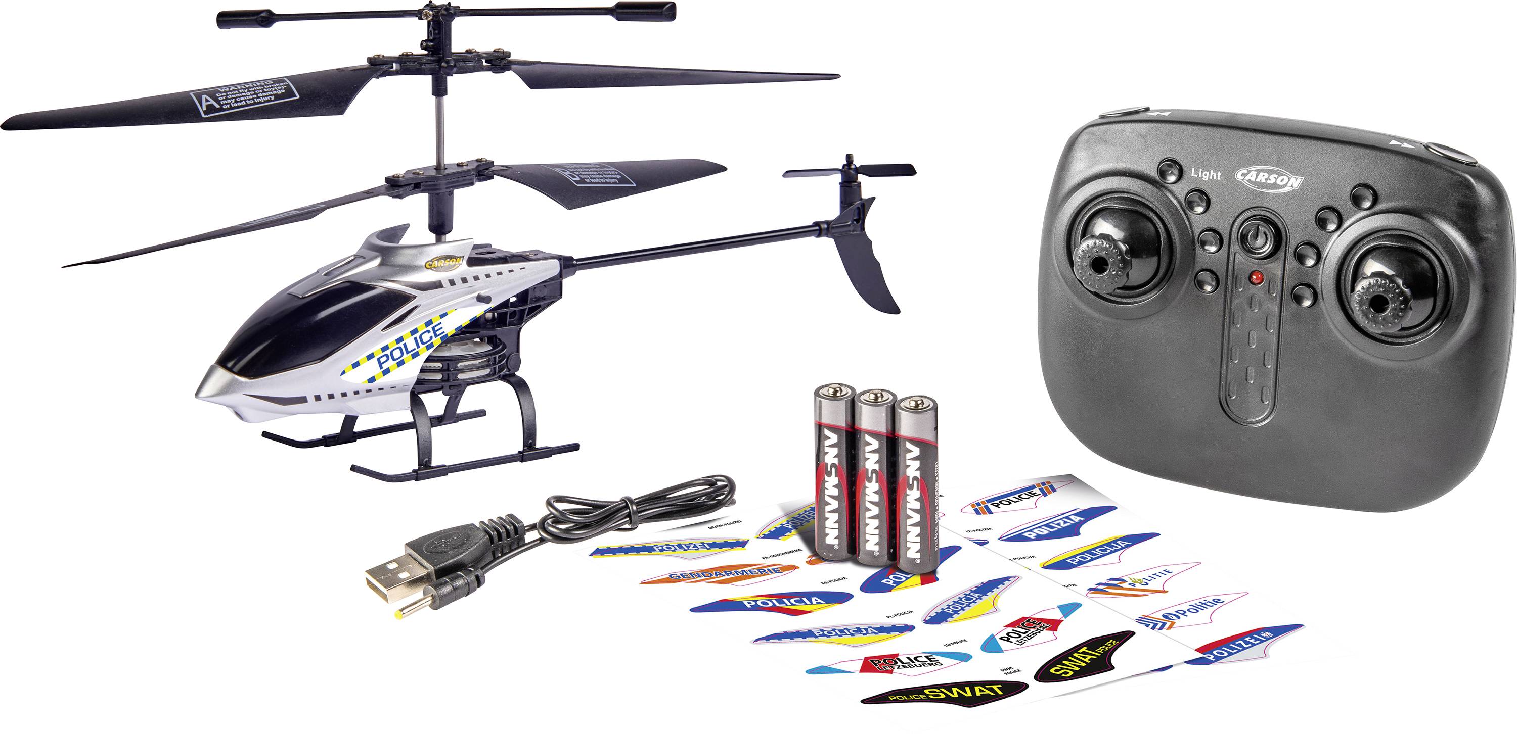 'Jouet hélicoptère télécommandé avec télécommande, câble de chargement USB, batteries et ensemble d'autocollants pour une personnalisation unique.'