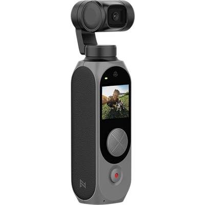 Caméra portable avec stabilisateur et écran intégré. Sur l'écran, un selfie montre une personne avec un chien en extérieur.