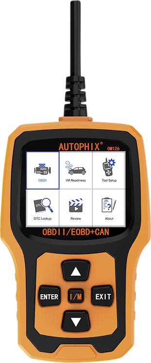 Un appareil de diagnostic OBD2 orange et noir avec affichage. Affiche des symboles pour OBD2, l'état de préparation IM, la configuration des outils, la recherche de codes de défaut (DTC) et plus encore.