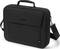 Un sac noir pour ordinateur portable avec poignée et bandoulière ; doté d'une poche extérieure et d'une fermeture à glissière.