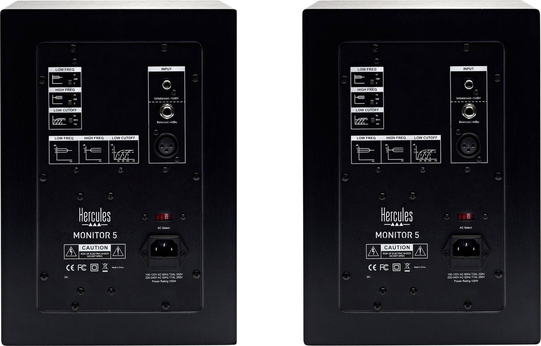 Deux moniteurs audio noirs vus de dos, avec leurs connexions, commandes et logos de fabricant, positionnés côte à côte.