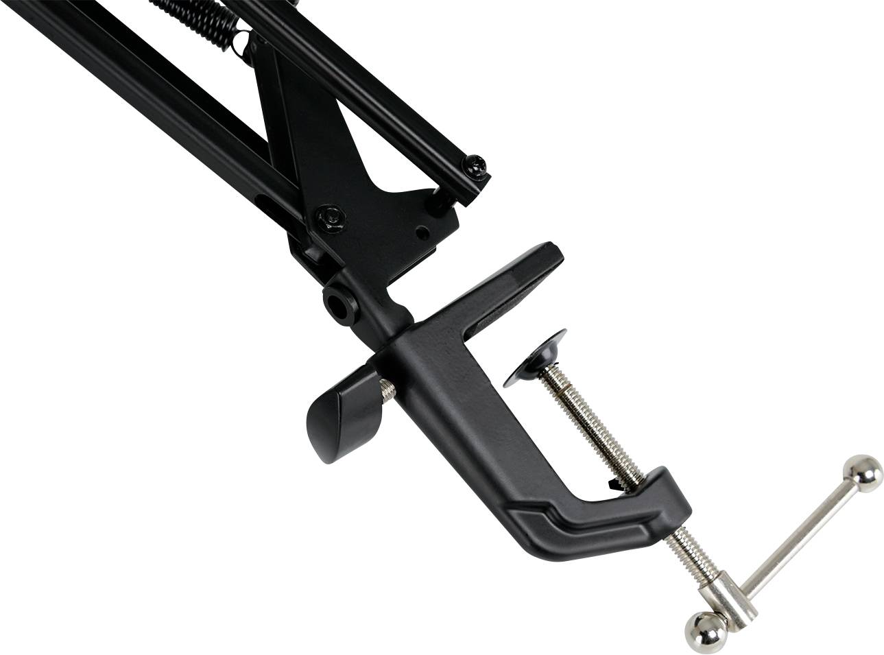Bras de microphone noir en métal avec fixation par pince. À gauche, on peut voir le support assisté par ressort, à droite la pince.
