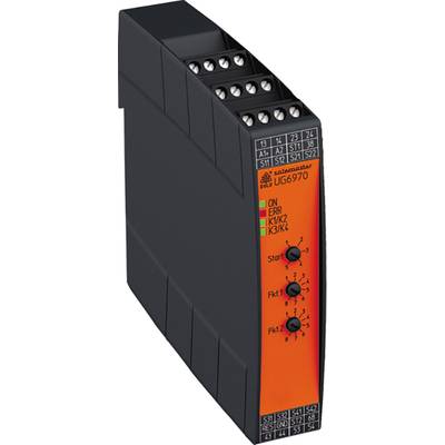 Appareil de commutation électrique, noir et orange, avec plusieurs bornes de connexion en haut. Des LED indiquent le statut : « ON », « ERR », « K1/K2 », « K3/K4 ».
