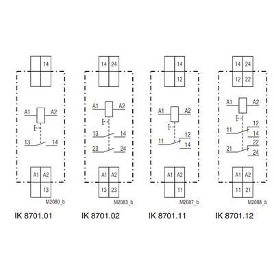 'Schéma électrique avec quatre modules de relais différents, étiquetés IK 8701.01, IK 8701.02, IK 8701.11 et IK 8701.12. Chaque module présente différents contacts et bornes de bobines.'
