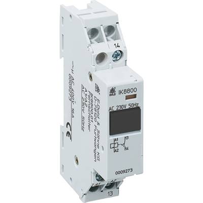 Un interrupteur électrique blanc de DOLD portant l'inscription 'IK8800', 'AC 230V 50Hz'. Des marquages pour les connexions sont visibles.