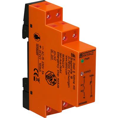 Un module d'arrêt d'urgence rouge de Dold & Söhne KG. Modèle RK5942 avec bornes verrouillées, schémas de câblage et détails techniques.