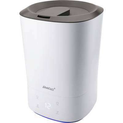 Un humidificateur blanc avec des commandes numériques et un affichage à l'avant. Un grand couvercle noir se trouve sur le dessus.
