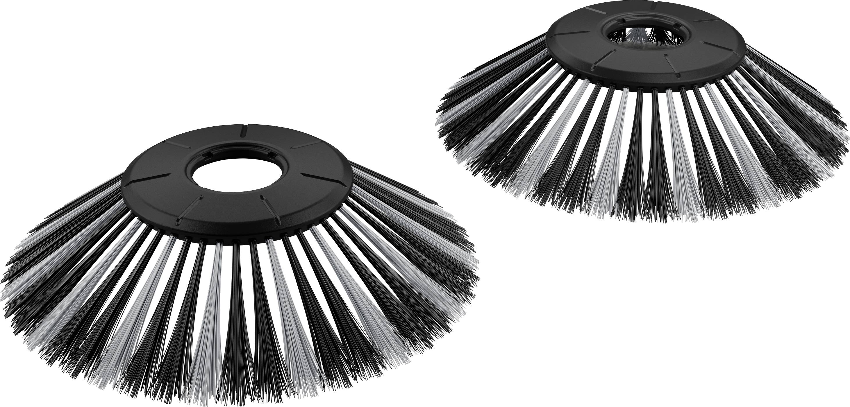 Deux balais de rue ronds avec des poils noirs disposés selon un angle en V. Idéal pour les balayeuses.