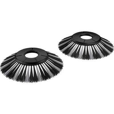 Deux balais de nettoyage noirs avec une disposition circulaire des poils, utilisés pour les balayeuses ou les machines de nettoyage.