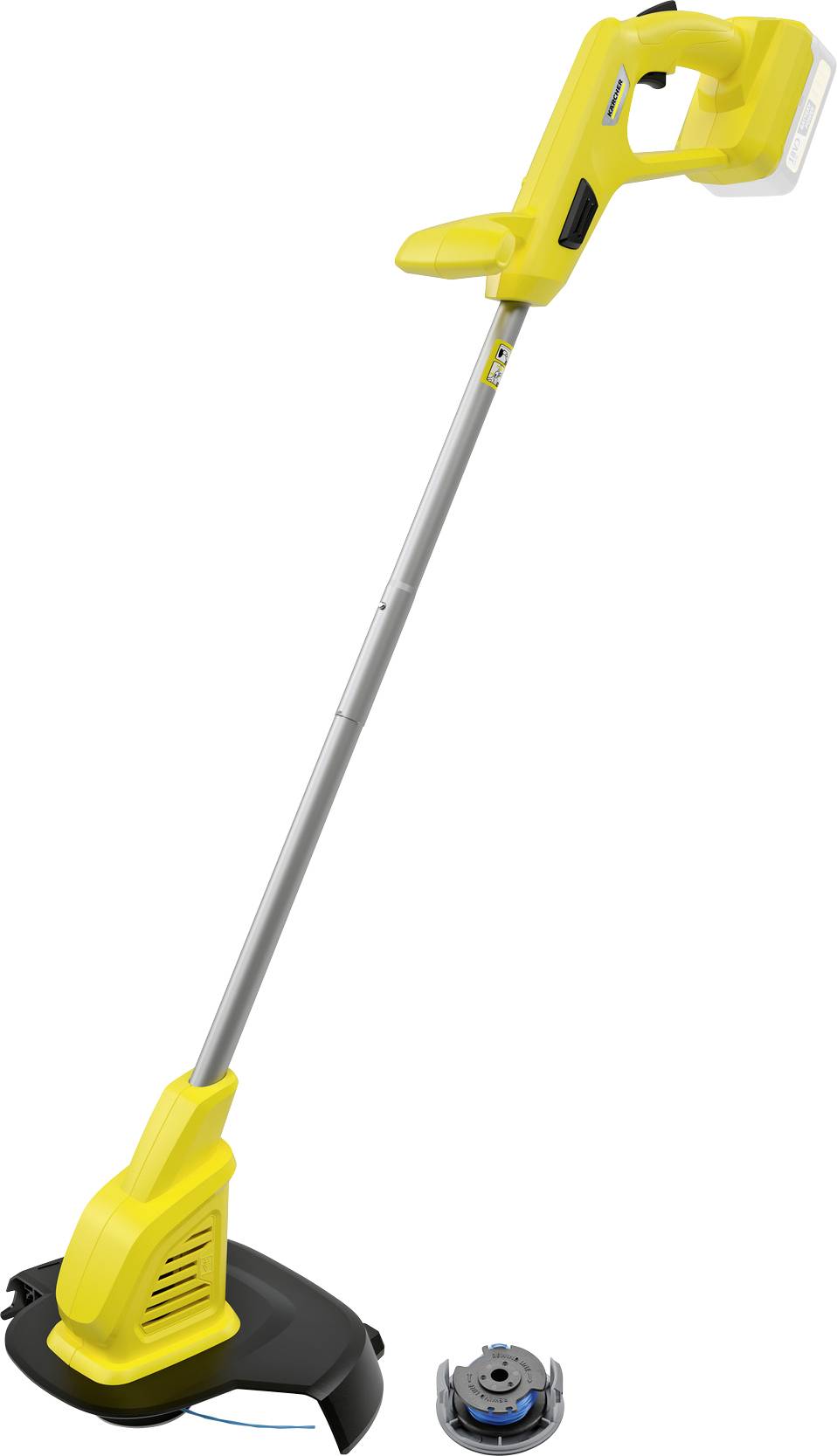 Coupe-bordure jaune à batterie avec manche long et tête de coupe en bas, à côté d'une bobine de rechange.