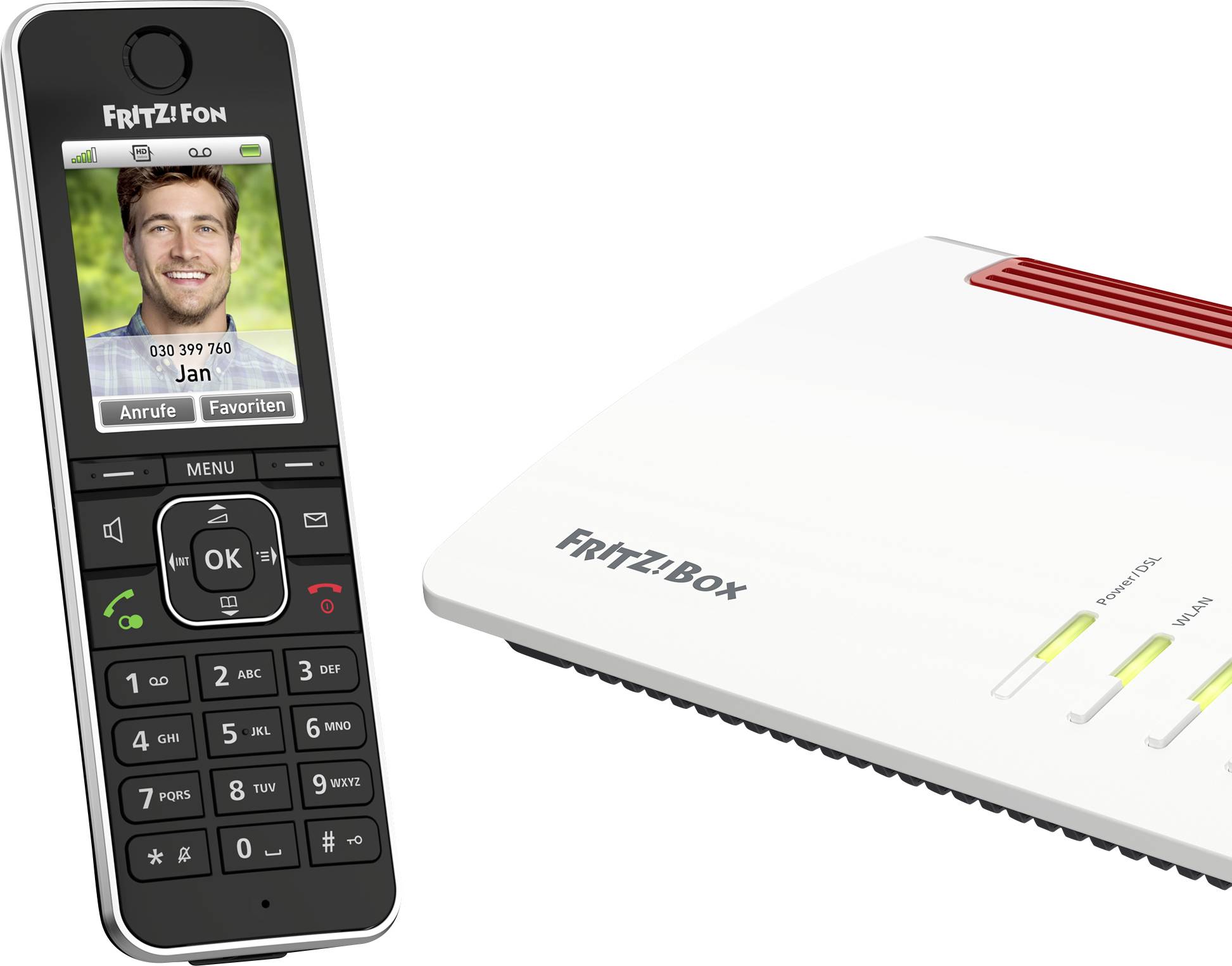 Téléphone sans fil FRITZ!Fon à côté d'une FRITZ!Box. L'écran affiche un appel de 'Jan'. Les deux appareils ont un design moderne.