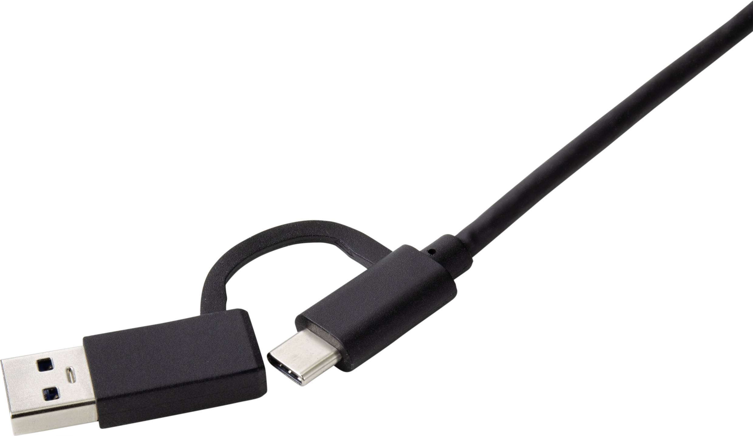 Câble USB-A vers USB-C, noir, avec les deux connecteurs visibles ; utilisé pour connecter et charger des appareils.