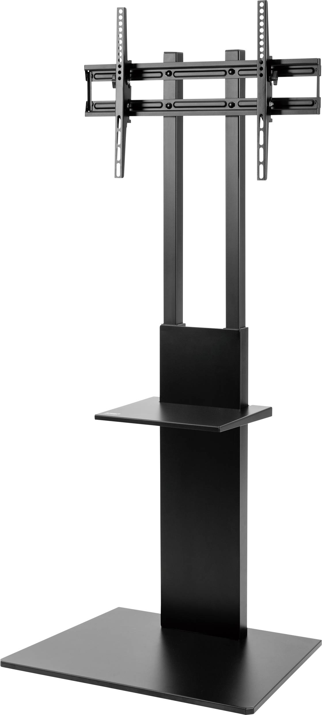 Support TV noir avec supports plats et une petite étagère en dessous. Adapté pour la fixation d'écrans plats.