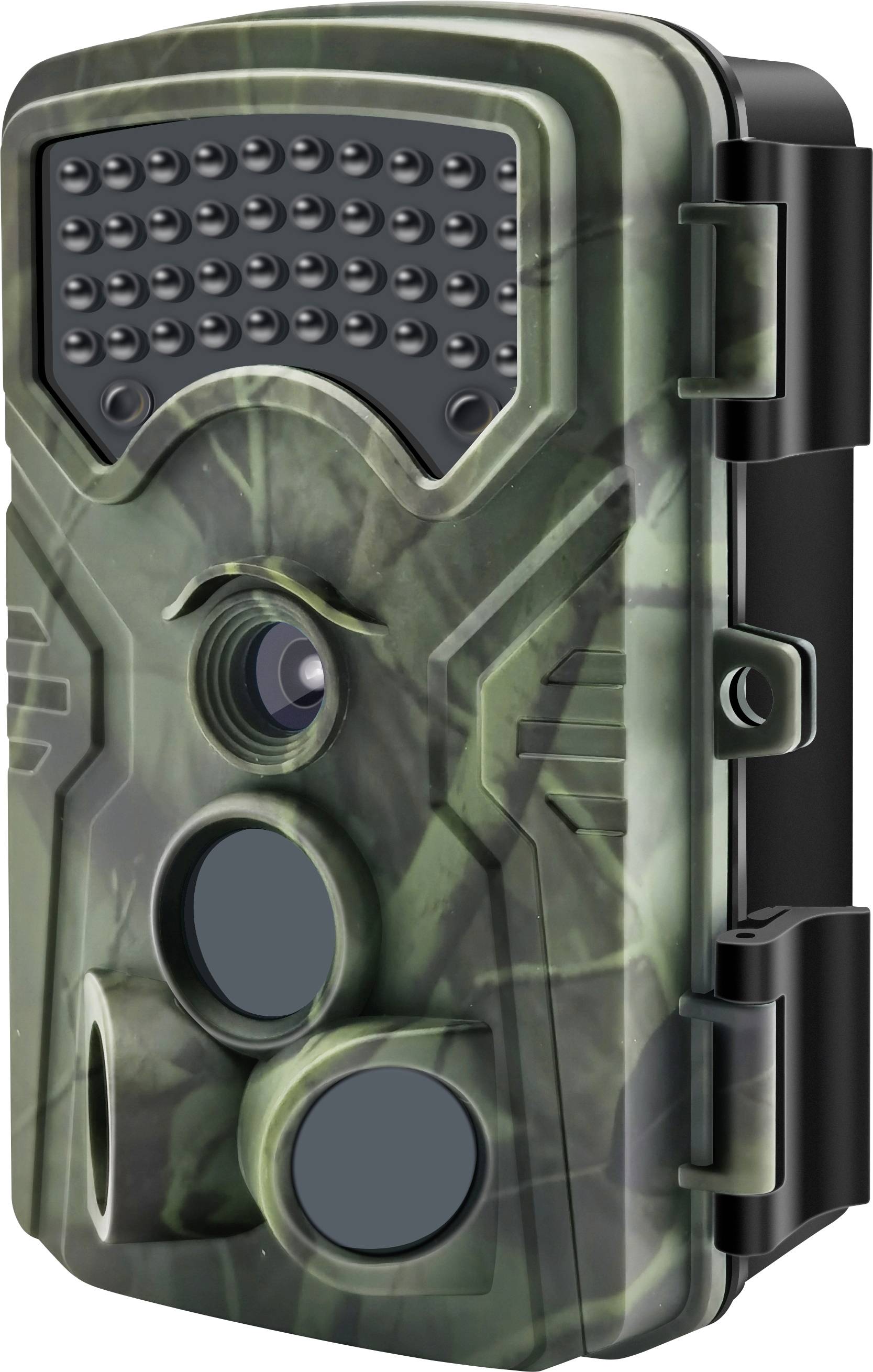 Une caméra de chasse verte avec motif de camouflage, équipée de plusieurs objectifs et de LED, destinée à surveiller les animaux dans leur environnement naturel.