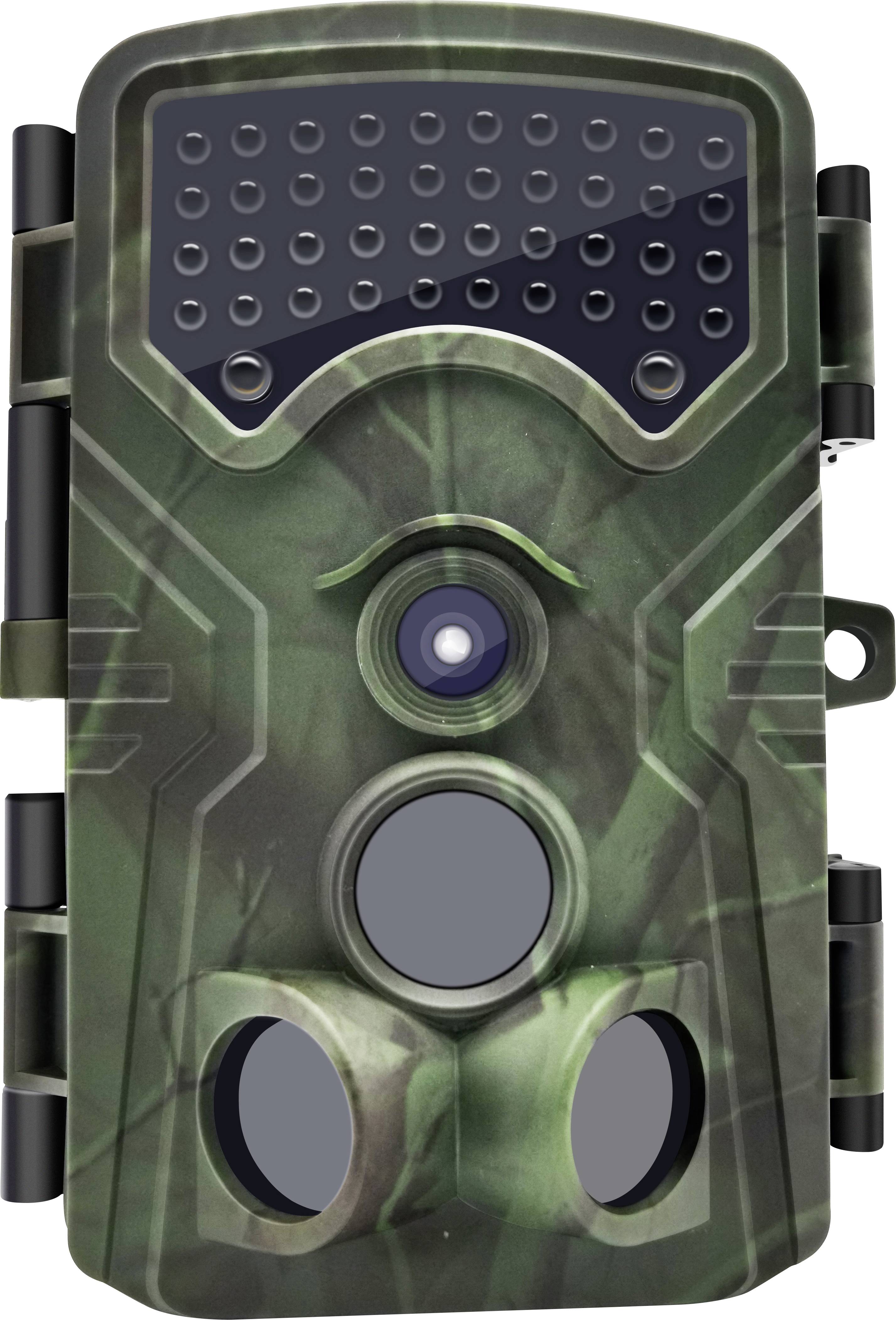 Une caméra de chasse camouflée équipée de plusieurs capteurs et objectifs, utilisée pour observer les animaux dans leur environnement naturel.