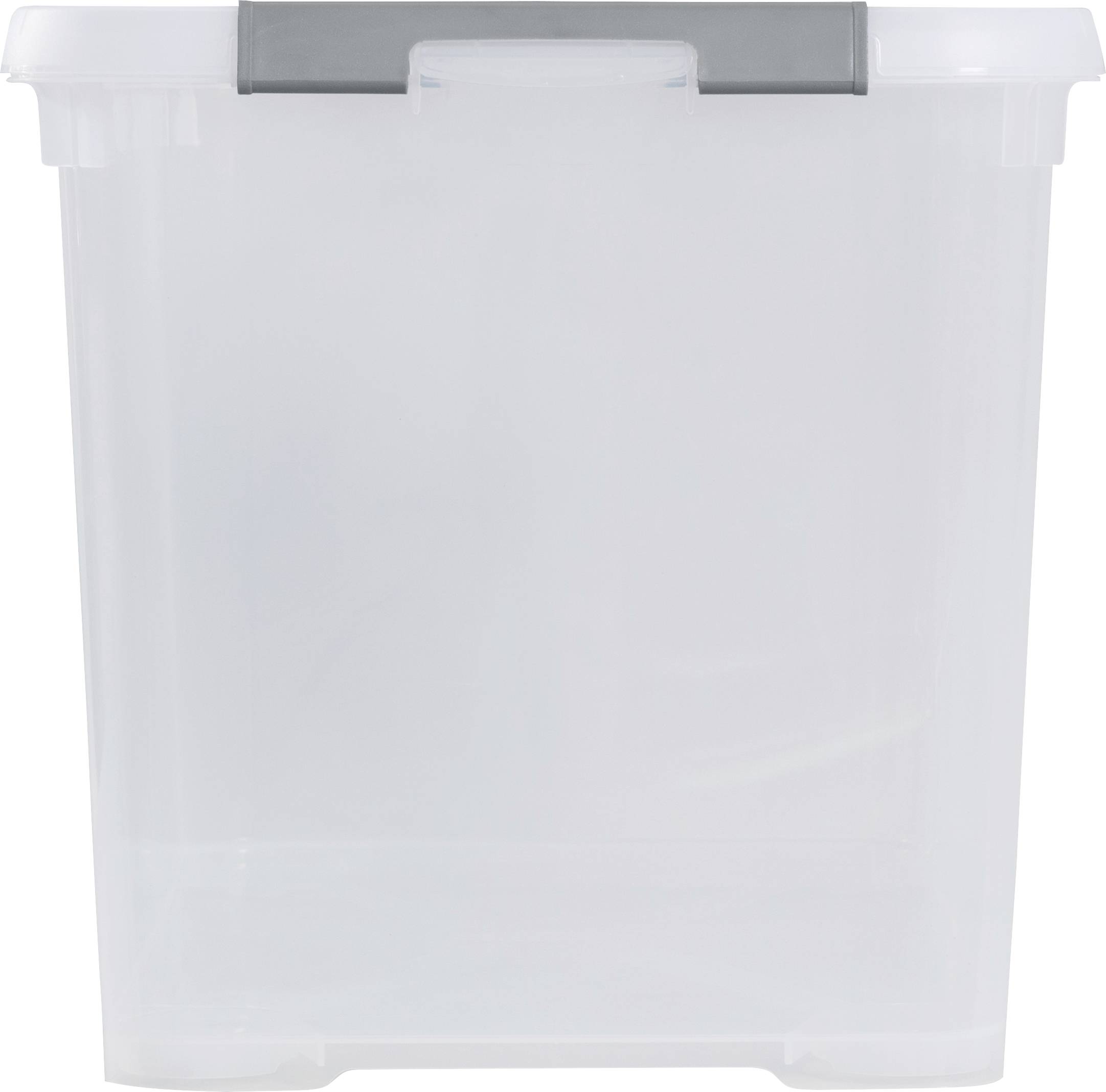 Récipient en plastique transparent avec un couvercle gris, adapté au rangement d'objets dans la maison ou au bureau.