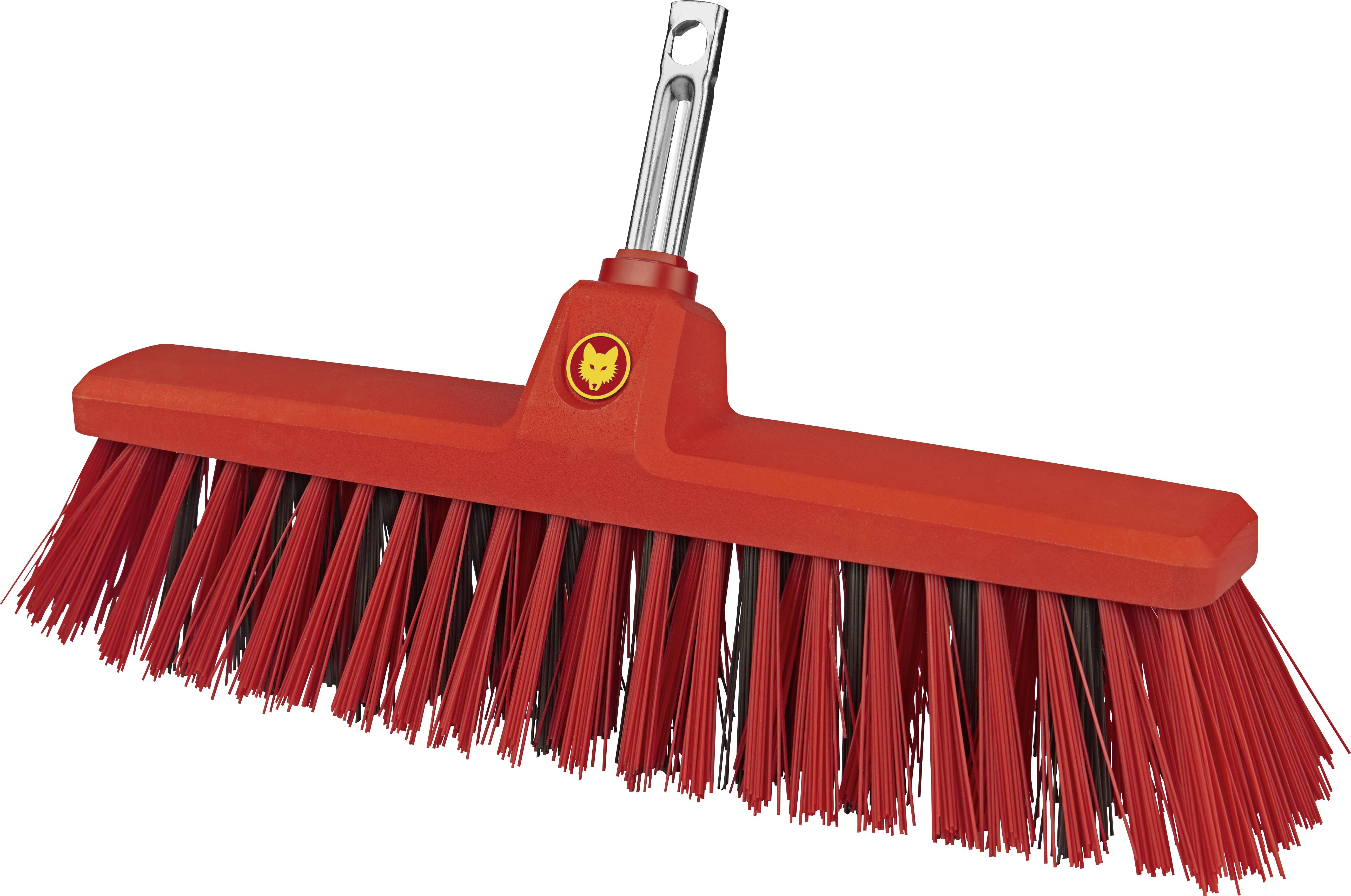 Un balai rouge avec un manche noir, des poils en plastique, adapté pour le nettoyage des sols.
