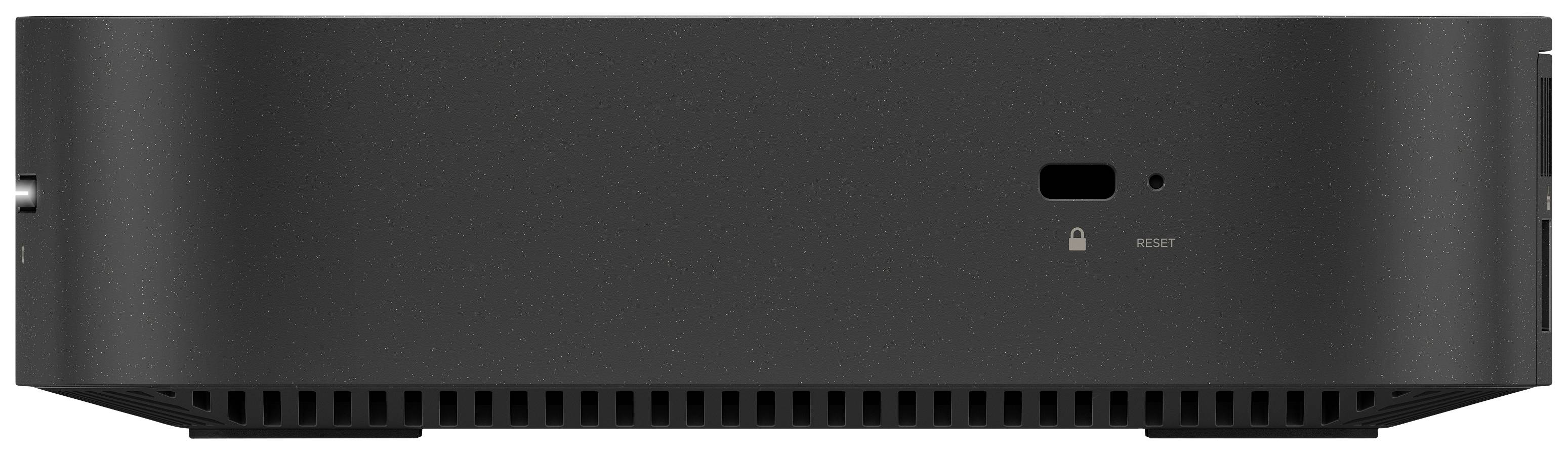 Ordinateur noir avec une grille de ventilation en bas et un symbole de verrouillage au centre.