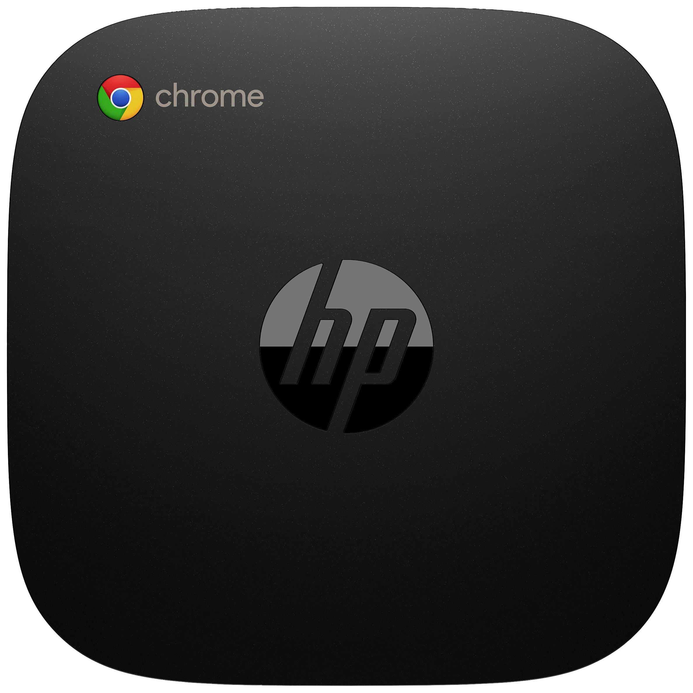 Un boîtier noir pour mini-PC HP Chrome avec le logo Chrome en haut à gauche et le logo HP au centre.